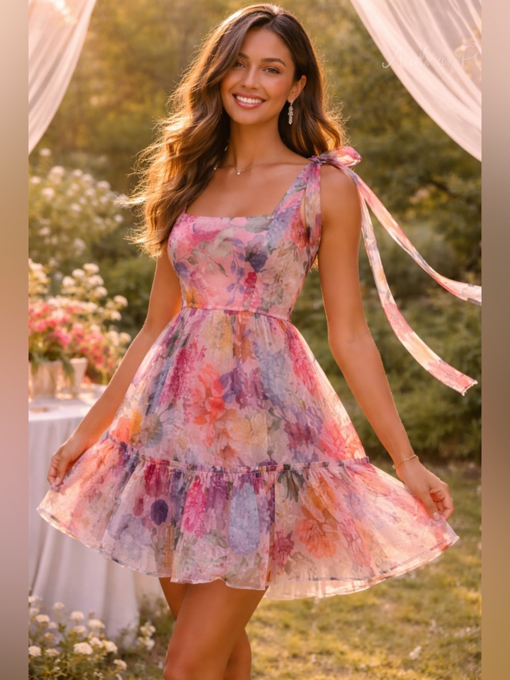 Audrey Parks,Floral-Chiffon,Tie-Shoulder Dress Crinoline Cottagecore Size S